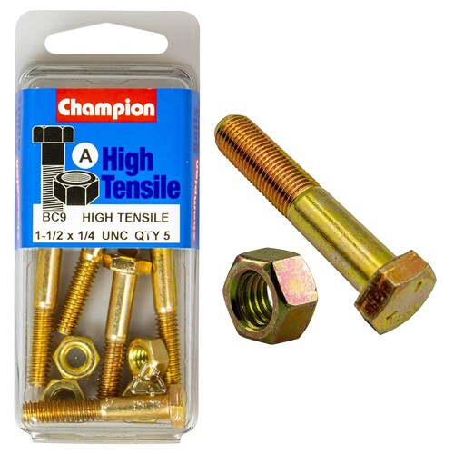 Champion Fasteners Pack of 5 1/4" X 1/2" Unc High Tensile Grade 5 Hex Bolts And Nuts - Zinc Plated 5PK BC9