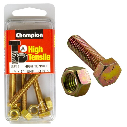 Champion Fasteners Pack of 5 1/4" X 2" Unf High Tensile Grade 5 Hex Set Screws And Nuts - Zinc Plated (5 Pack) 5PK BF11
