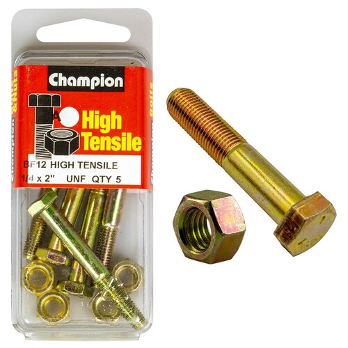 Champion Fasteners Pack of 5 1/4" X 2" Unf High Tensile Grade 5 Zinc Plated Hex Bolts And Nuts 5PK BF12