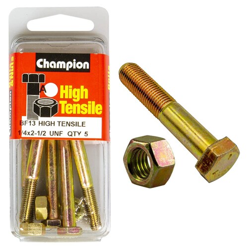 Champion Fasteners Pack of 5 1/4" X 2-1/2" Unf High Tensile Grade 5 Hex Bolts And Nuts - 5PK BF13