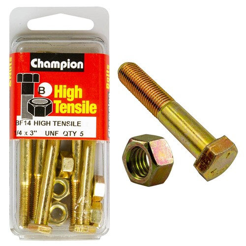 Champion Fasteners Pack of 5 1/4" X 3" Unf High Tensile Grade 5 Zinc Plated Hex Bolts And Nuts 5PK BF14