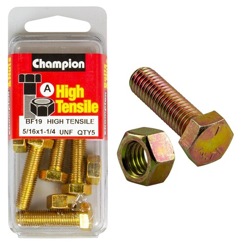 Champion Fasteners Pack of 5 5/16" X 1-1/4" UNF High Tensile Grade 5 Hex Set Screws And Nuts - Zinc Plated (5 Pack) 5PK BF19