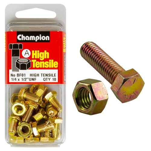 Champion Fasteners Pack Of 10 1/4" X 1/2" UNF High Tensile Grade 5 Hex Set Screws And Nuts - 10Pk BF1