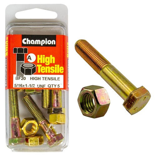 Champion Fasteners Pack of 5 5/16" X 1-1/2" UNF High Tensile Grade 5 Hex Bolts And Nuts - Zinc Plated (5 Pack) 5PK BF20