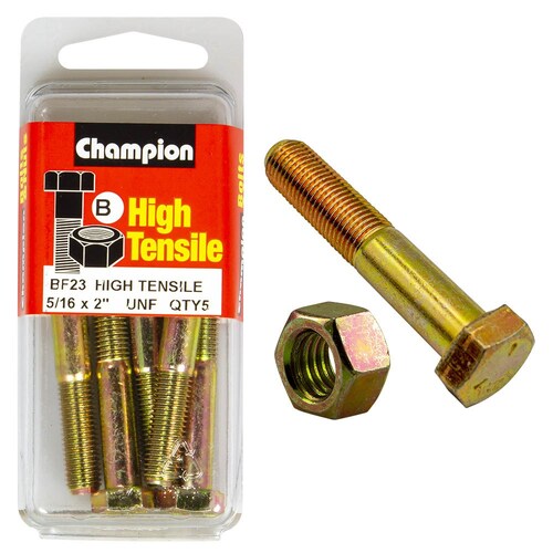 Champion Fasteners Pack of 5 5/16" X 2" High Tensile Grade 5 Hex Bolts And Nuts - Zinc Plated 5PK BF23