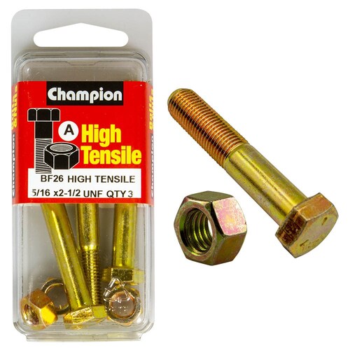 Champion Fasteners Pack Of 3 5/16" X 2-1/2" High Tensile Grade Hex Bolts And Nuts - Zinc Plated (3 Pack) 3PK BF26