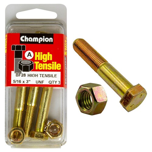 Champion Fasteners Pack Of 3 5/16" X 3" High Tensile Grade Hex Bolts And Nuts - Zinc Plated 3PK BF28