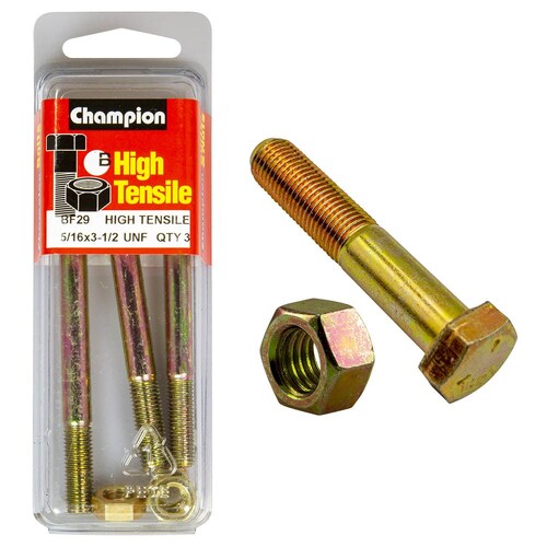 Champion Fasteners Pack Of 3 5/16" X 3-1/2" High Tensile Grade 5 Hex Bolts And Nuts - Zinc Plated (3 Pack) 3PK BF29