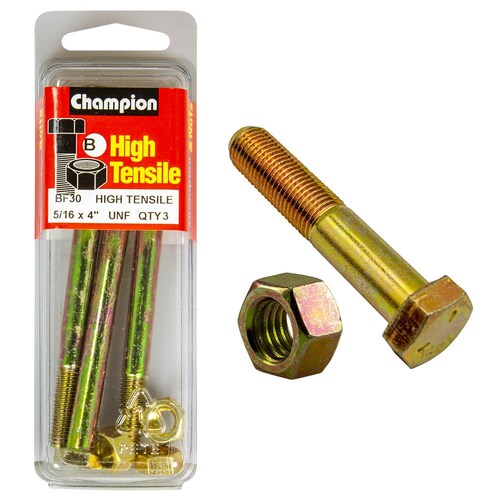 Champion Fasteners Pack Of 3 5/16" X 4" High Tensile Grade Hex Bolts And Nuts - Zinc Plated (3 Pack) 3PK BF30