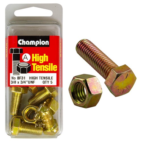 Champion Fasteners Pack of 5 3/8" X 3/4" Unf High Tensile Grade 5 Hex Set Screws And Nuts - Zinc Plated (5 Pack) 5PK BF31