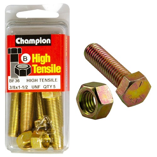 Champion Fasteners Pack of 5 3/8" X 1-1/2" Unf High Tensile Grade 5 Hex Set Screws And Nuts - 5Pk BF36