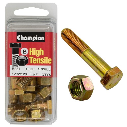 Champion Fasteners Pack of 5 3/8" X 1-1/2" Unf High Tensile Grade 5 Hex Bolts And Nuts - Zinc Plated 5PK BF37