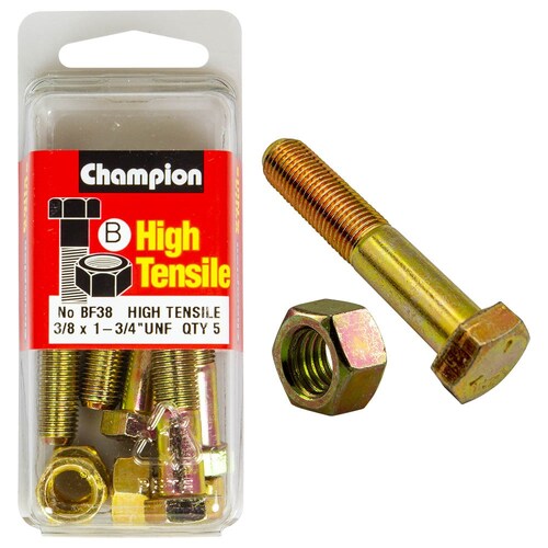 Champion Fasteners Pack of 5 3/8" X 1-3/4" Unf High Tensile Grade 5 Hex Bolts And Nuts - Zinc Plated 5PK BF38