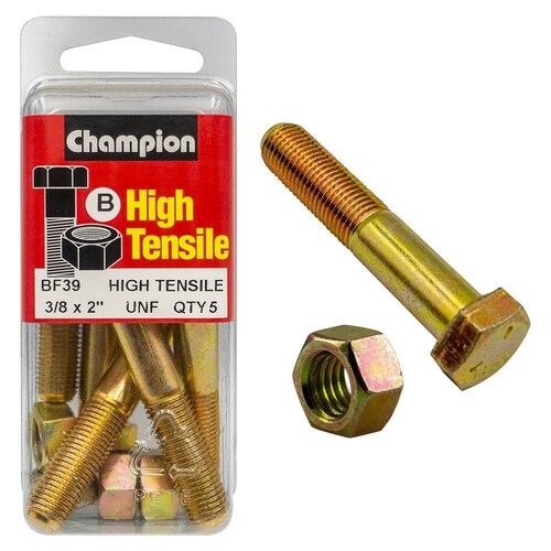 Champion Fasteners Pack of 5 3/8" X 2" Unf High Tensile Grade 5 Zinc Plated Hex Bolts And Nuts 5PK BF39