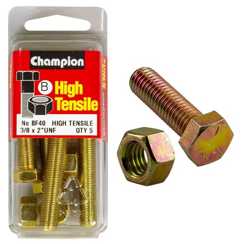 Champion Fasteners Pack of 5 3/8" X 2" Unf High Tensile Grade 5 Hex Set Screws And Nuts - 5PK BF40