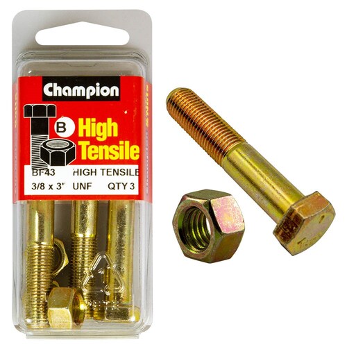 Champion Parts Hex Bolt & Nut 3/8" x 3" UNF (3PK) High Tensile BF43 
