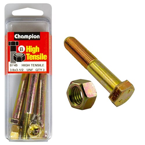 Champion Fasteners Pack Of 3 3/8" X 3-1/2" Unf High Tensile Grade 5 Hex Bolts And Nuts - Zinc Plated (3 Pack) 3PK BF45