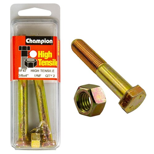 Champion Fasteners Pack Of 2 3/8" X 4" Unf High Tensile Grade 5 Zinc Plated Hex Bolts And Nuts - 2PK BF47