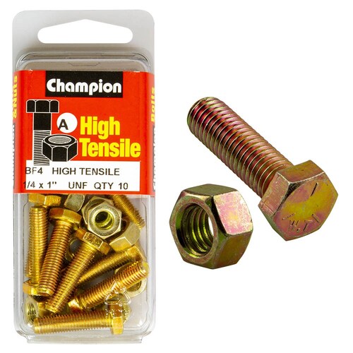 Champion Fasteners Pack Of 10 1/4" X 1" Unf High Tensile Grade 5 Hex Set Screws And Nuts - Zinc Plated (10 Pack) 5PK BF4