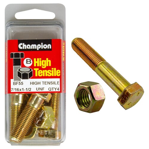 Champion Fasteners Pack of 4 7/16" X 1-1/2" Unf High Tensile Grade 5 Hex Bolts And Nuts - Zinc Plated (4 Pack) 4PK BF55