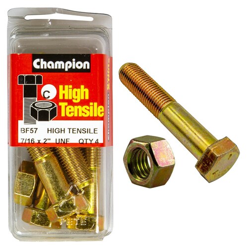 Champion Fasteners Pack of 4 7/16" X 2" Unf High Tensile Grade 5 Hex Bolts And Nuts - Zinc Plated (4 Pack)  4PK  BF57