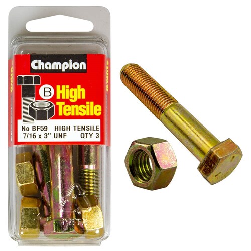 Champion Fasteners Pack Of 3 7/16" X 3" Unf High Tensile Grade 5 Zinc Plated Hex Bolts And Nuts - 3  3PK  BF59