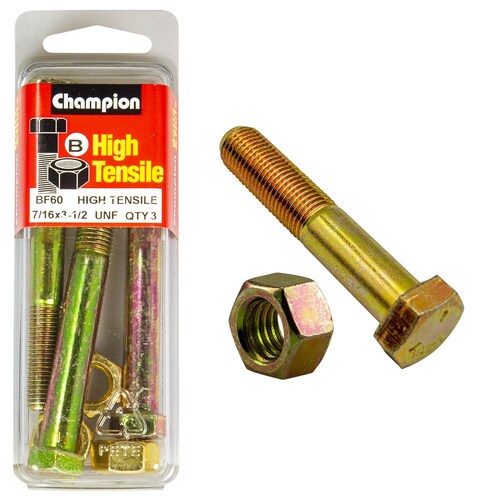 Champion Parts Hex Bolt & Nut 7/16" x 3-1/2" UNF (3PK) High Tensile BF60 