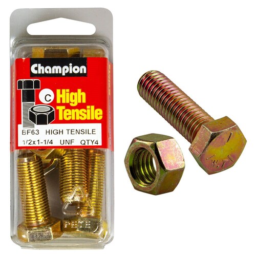 Champion Fasteners Pack of 4 1/2" X 1-1/4" Unf High Tensile Grade 5, Zinc Plated Hex Set Screws And Nuts - 4PK BF63