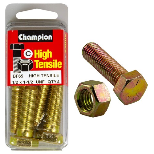 Champion Fasteners Pack of 4 1/2" X 1-1/2" Unf High Tensile Grade 5 Zinc Plated Hex Bolts And Nuts - 4PK BF65