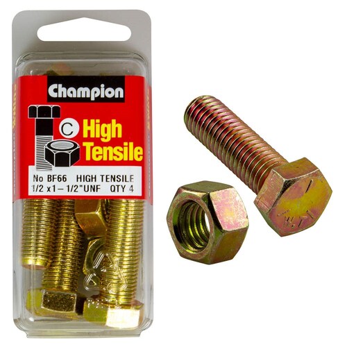 Champion Fasteners Pack of 4 1/2" X 1-1/2" Unf High Tensile Grade 5, Zinc Plated Hex Set Screws And Nuts - 4PK BF66