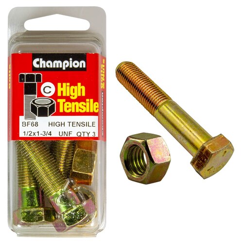Champion Fasteners Pack Of 3 1/2" X 1-3/4" Unf High Tensile Grade 5 Hex Bolts And Nuts - Zinc Plated (3 Pack) 3PK BF68