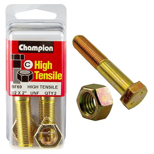 Champion Fasteners Pack Of 2 1/2" X 2" Unf High Tensile Grade 5 Zinc Plated Hex Bolts And Nuts 2PK BF69