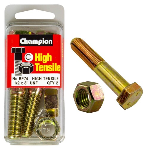 Champion Fasteners Pack Of 2 1/2" X 3" Unf High Tensile Grade 5 Zinc Plated Hex Bolts And Nuts 2PK BF74