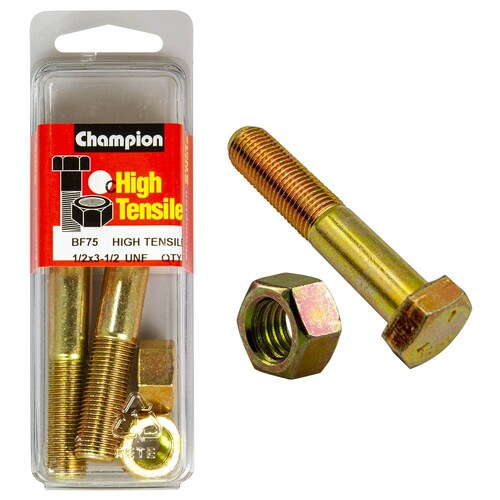 Champion Fasteners Pack Of 2 1/2" X 3-1/2" Unf High Tensile Grade 5, Zinc Plated Hex Bolts And Nuts - 2PK BF75