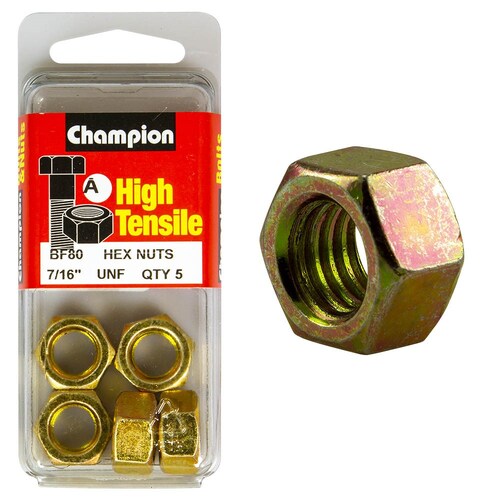 Champion Fasteners Pack Of 5 7/16" Unf High Tensile Grade Zinc Plated Plain Hex Nuts 5PK BF80