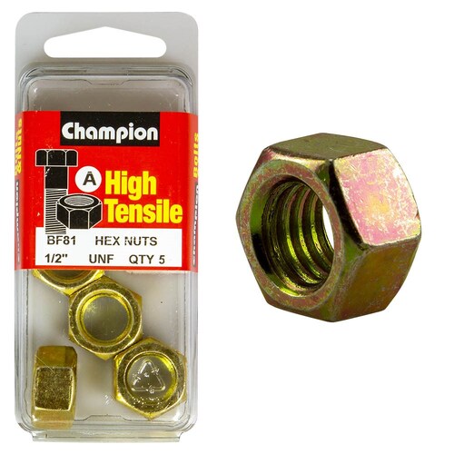 Champion Fasteners Pack Of 5 1/2" Unf High Tensile Grade Zinc Plated Plain Hex Nuts 5PK BF81