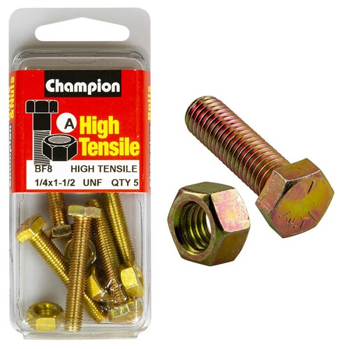 Champion Fasteners Pack of 5 1/4" X 1-1/2" UNF High Tensile Grade 5 Hex Set Screws And Nuts - 5PK BF8