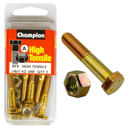 Champion Fasteners Pack of 5 1/4" X 1-1/2" UNF High Tensile Grade 5 Zinc Plated Hex Bolts And Nuts 5PK BF9