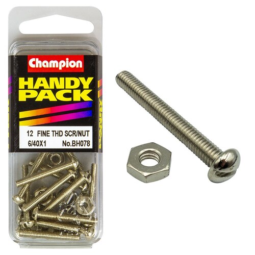 Champion Fasteners Pack Of 12 Nickel Plated Slotted Pan Head Machine Screws And Nuts 6/40" x 1" BH078