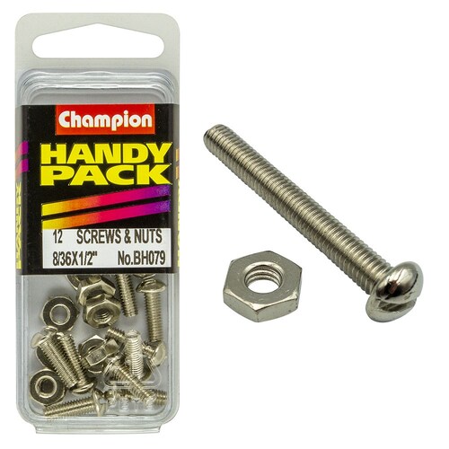Champion Fasteners Pack Of 12 Nickel Plated Slotted Pan Head Machine Screws And Nuts 8/36" x 1/2" BH079