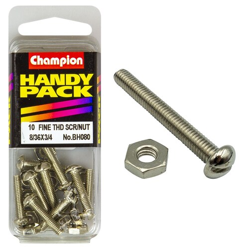 Champion Fasteners Pack Of 10 Nickel Plated Slotted Pan Head Machine Screws And Nuts 8/36" x 3/4" BH080
