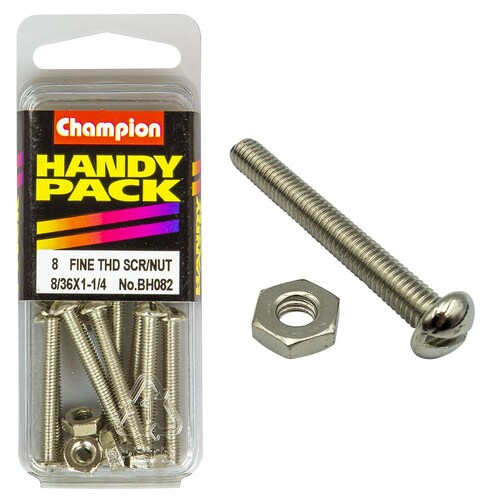 Champion Fasteners Pack Of 8 Nickel Plated Slotted Pan Head Machine Screws And Nuts 8/36" x 1-1/4" BH082