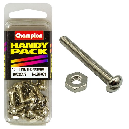 Champion Fasteners Pack Of 10 Nickel Plated Slotted Pan Head Machine Screws And Nuts 0/32" x 1/2" BH083