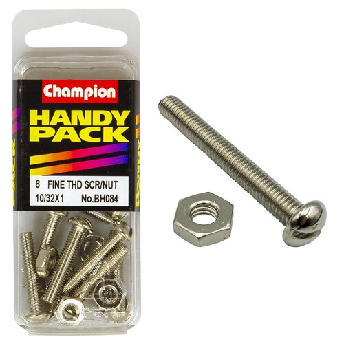 Champion Fasteners Pack Of 8 Nickel Plated Slotted Pan Head Machine Screws And Nuts 10/32" x 1" BH084