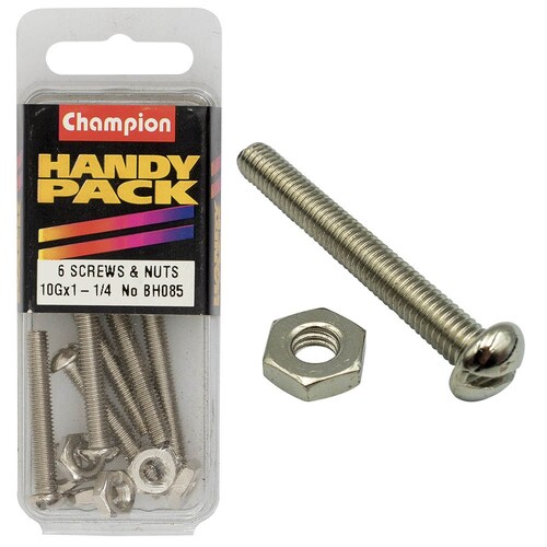 Champion Fasteners Pack Of 6 Nickel Plated Slotted Pan Head Machine Screws And Nuts 10G x 1-1/4" BH085