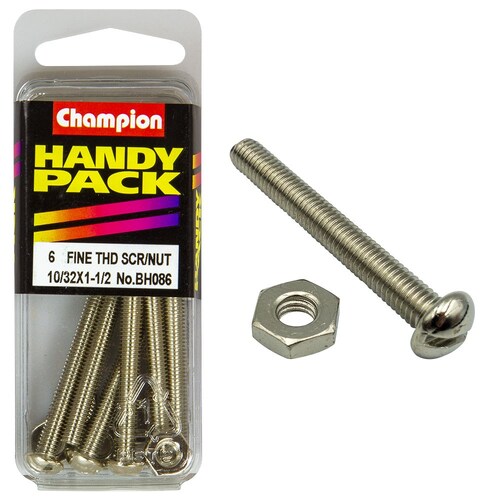 Champion Fasteners Pack Of 6 Nickel Plated Slotted Pan Head Machine Screws And Nuts 10/32" x 1-1/2" BH086