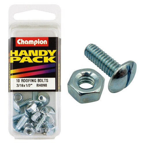 Champion Fasteners Pack Of 10 Zinc Plated Slotted Mushroom Head Roofing Bolts And Nuts 3/16" x 1/2" BH090