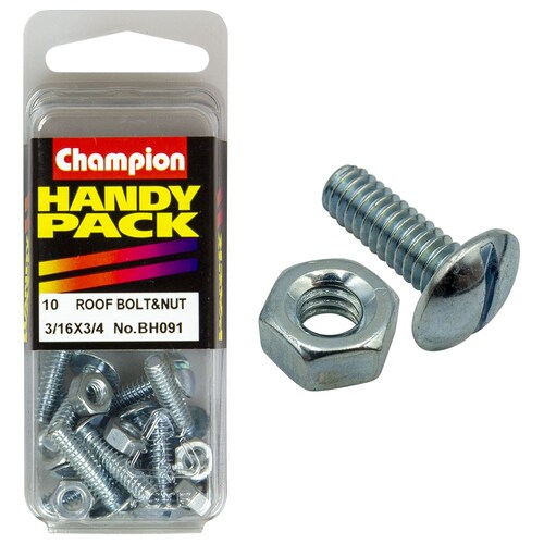 Champion Fasteners Pack Of 10 Zinc Plated Slotted Mushroom Head Roofing Bolts And Nuts 3/16" x 3/4" BH091