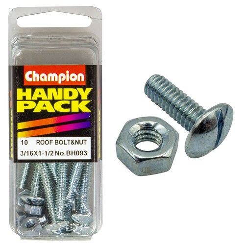 Champion Fasteners Pack Of 10 Zinc Plated Slotted Mushroom Head Roofing Bolts And Nuts 3/16" x 1-1/2" BH093