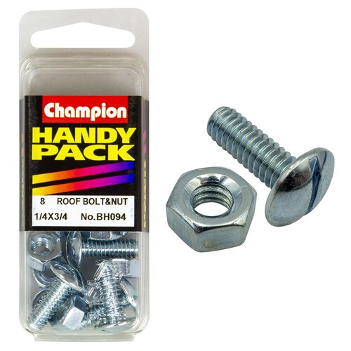 Champion Fasteners Pack Of 8 Zinc Plated Slotted Mushroom Head Roofing Bolts And Nuts 1/4" x 3/4" BH094